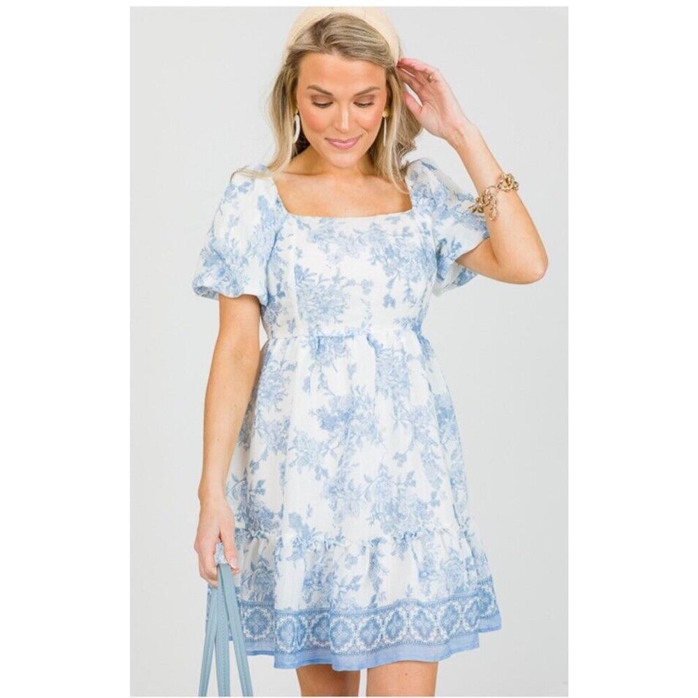 Blu Pepper Marie Blue Flor Dress Puff Sleeve Square Neck Romantic Whimsical - Picture 2 of 5